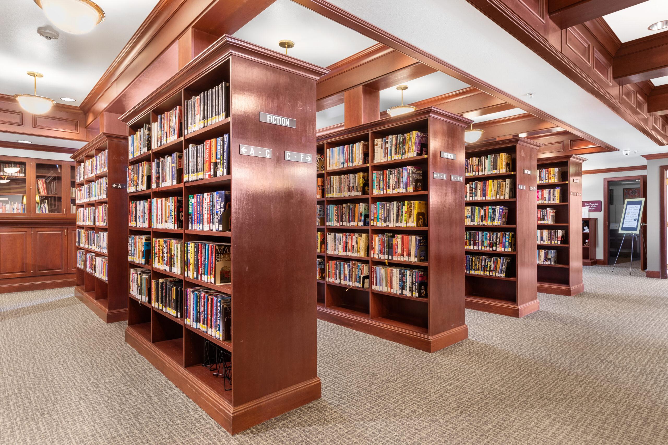 Shelves of books at the Rogue Valley Manor library.