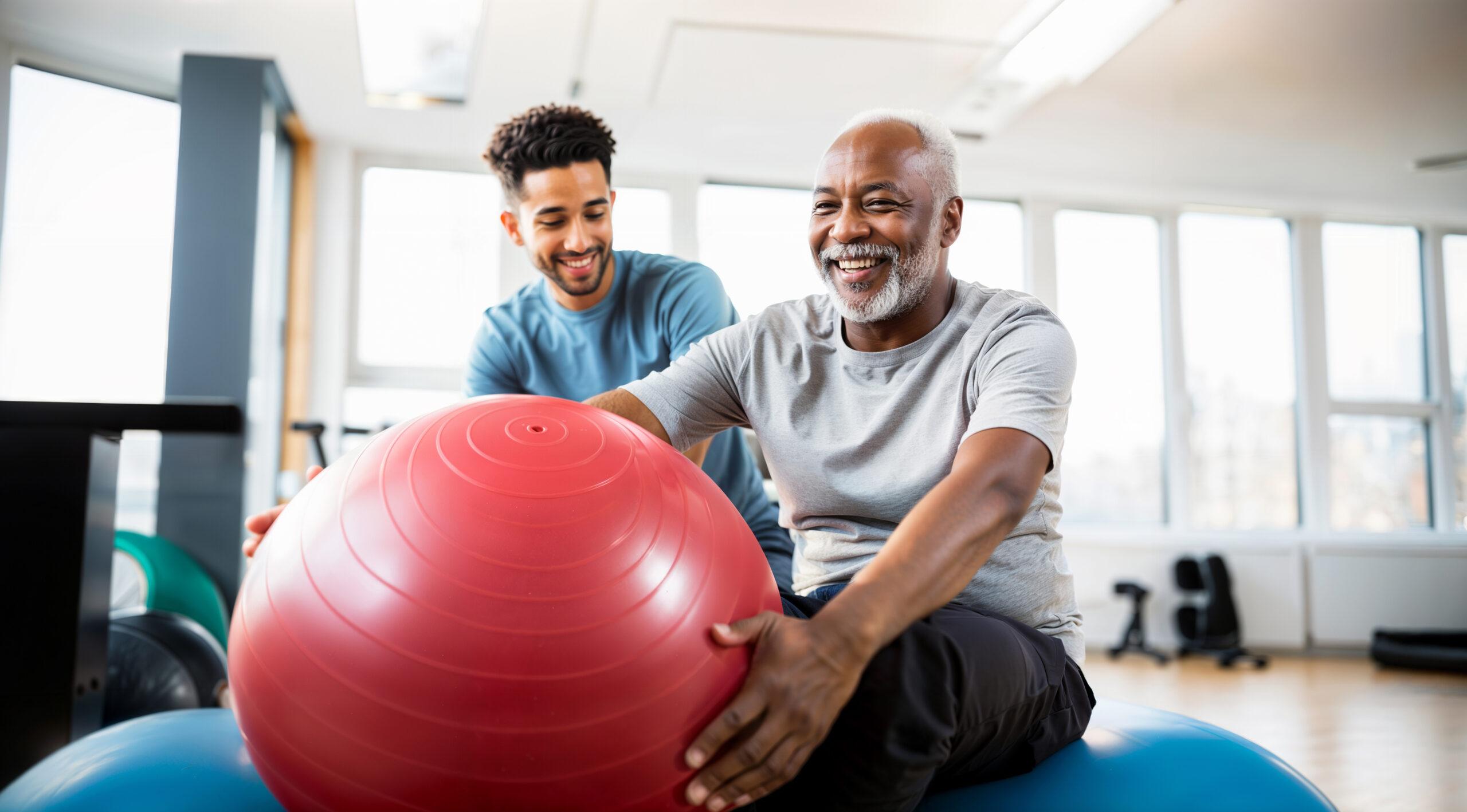 An older man works with a physical therapist, doing a physiotherapy exercise with an exercise ball.